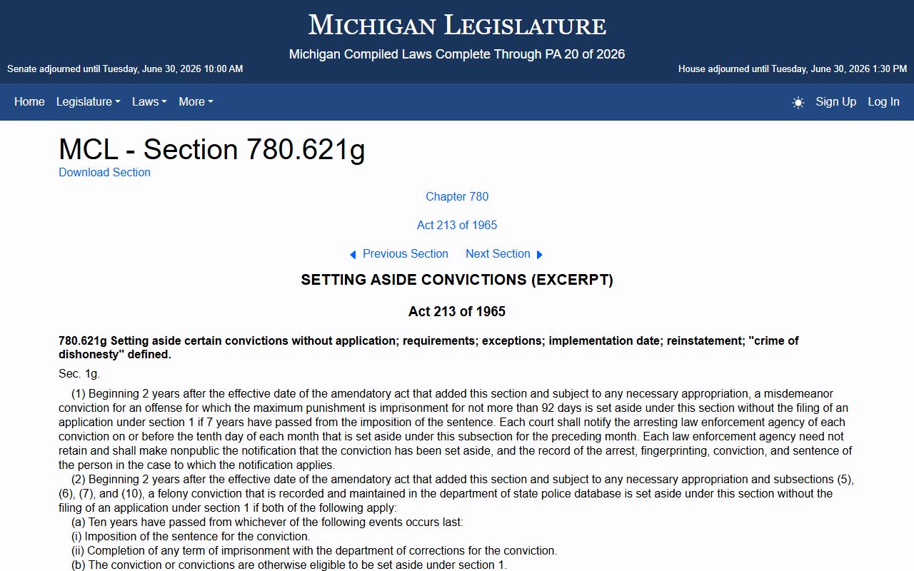 Gladwin County arrest records and charges automatic set-aside statute
