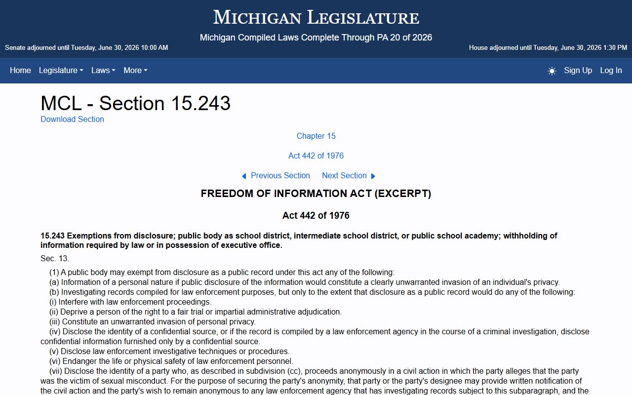 Gladwin County arrest records and charges FOIA exemptions statute
