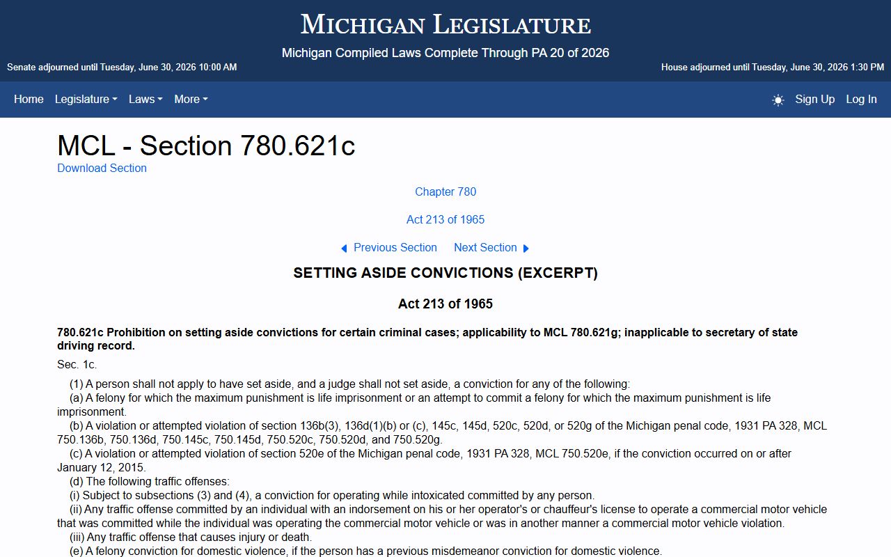 Gladwin County arrest records and charges expungement restrictions statute