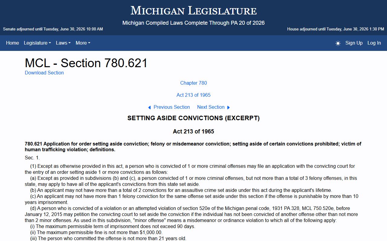 Gladwin County criminal court records expungement application statute
