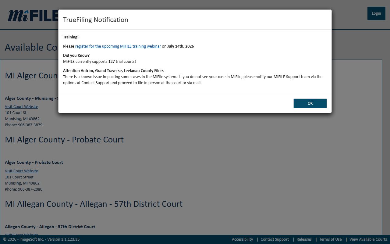 Gladwin County district court records e-filing through the MiFILE available courts list