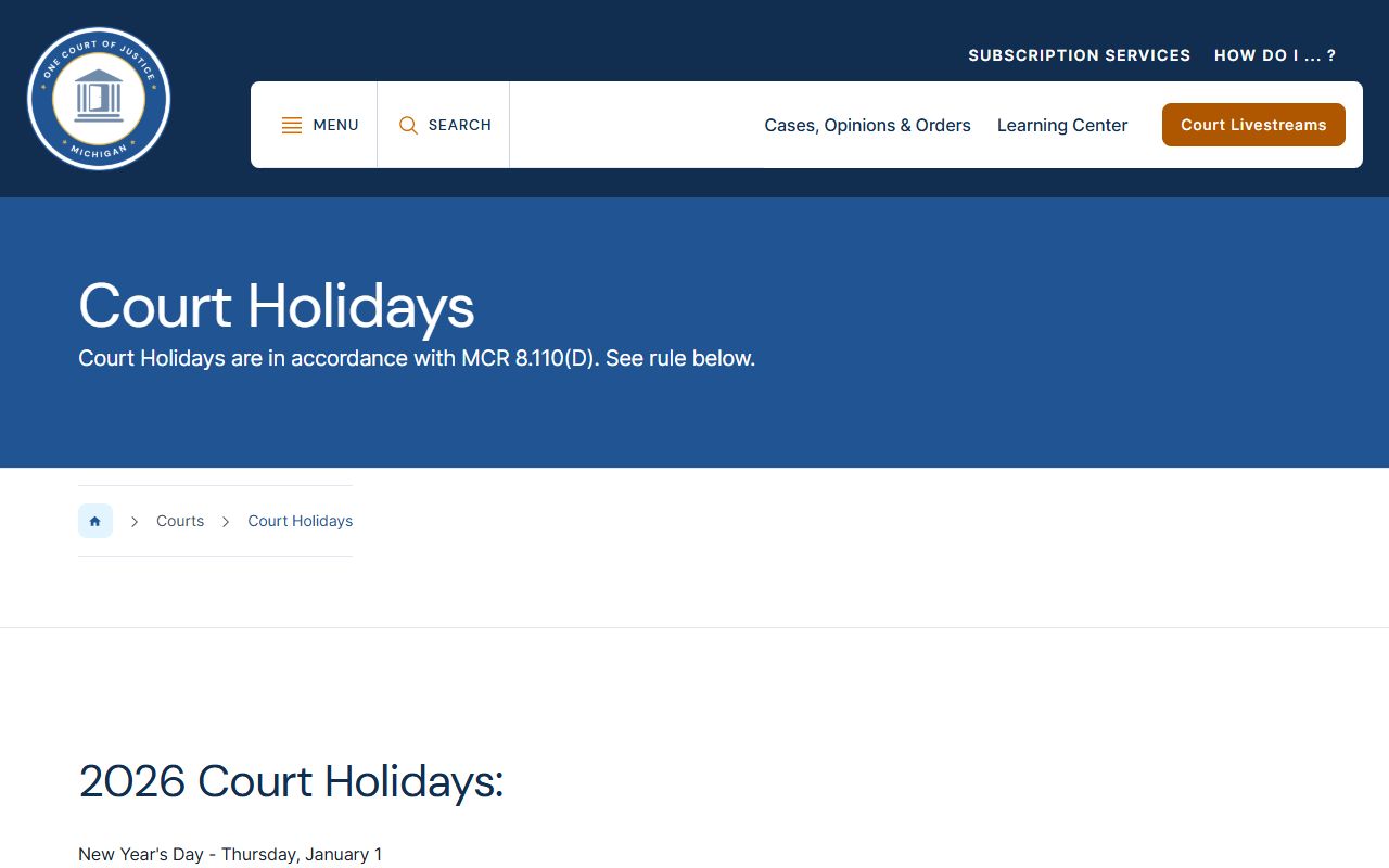 Gladwin County traffic court records deadlines set against the Michigan court holiday schedule